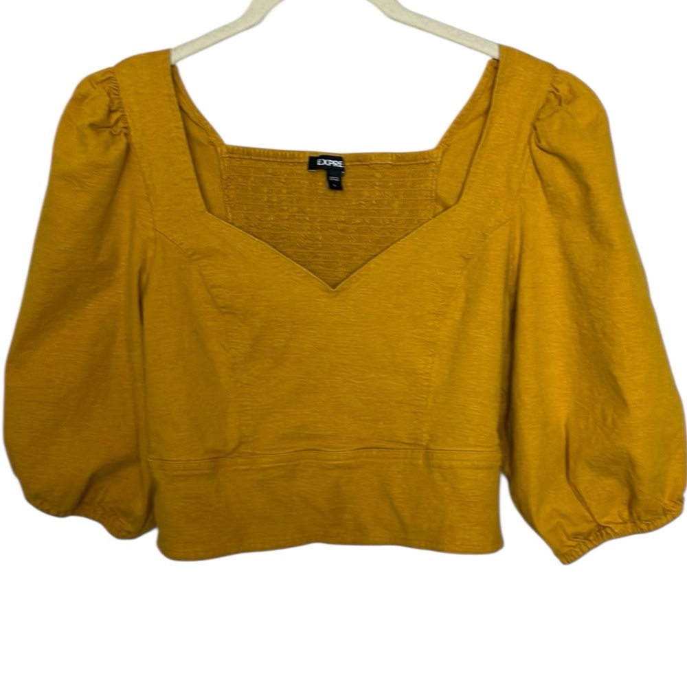 Express Mustard Yellow Puff Sleeve Linen Cropped Top Smocked Back Sz L